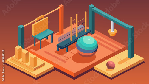 A cartoonish drawing of a gym with a bench and a bench with a bag on it. There are two balls on the ground, one green and one orange