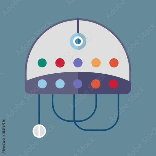 A colorful robot with a blue background. The robot has a lot of buttons and a large round button in the middle