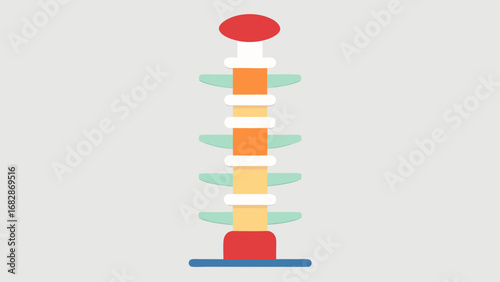 A colorful toy with a red ball on top. The toy is a stack of blocks with different colors