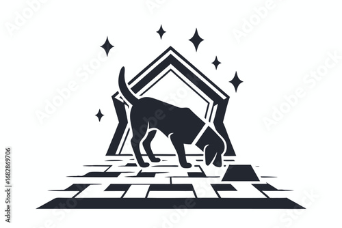 Silhouette canine sniffs ground by triangular portal with stars overhead