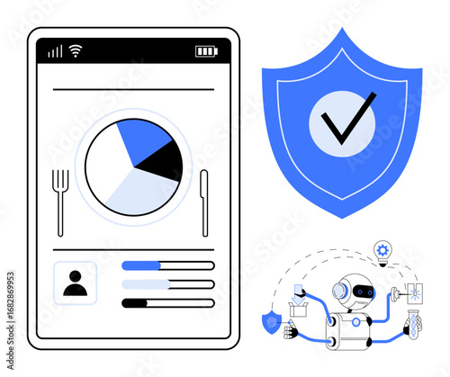 Food tracking app interface with a pie chart, security shield with a checkmark, and robot handling tasks. Ideal for nutrition, data security, AI, automation, technology, digital solutions simple