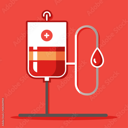 A medical bag with a red cross on it and a syringe hanging from it. The bag is red and white, and it is used for administering medication or fluids