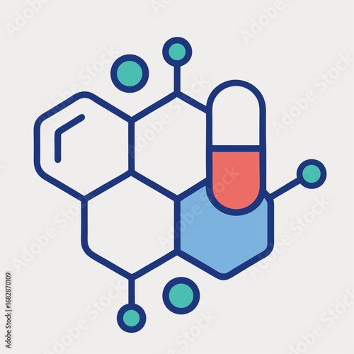 A pill is shown in the center of a four-sided square. The pill is surrounded by a network of lines and circles, which represent the chemical bonds that hold the pill together