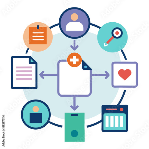 A graphic of a circle with a white paper in the center and a heart on the right. The circle is filled with various icons, including a person, a key, and a book