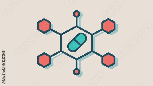 A pill is shown in the center of a four-sided square. The pill is surrounded by a network of lines and circles, which represent the chemical bonds that hold the pill together