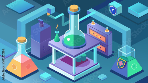 A blue background with a lab setting with a green liquid in a glass container. The container is surrounded by other lab equipment such as beakers and a book