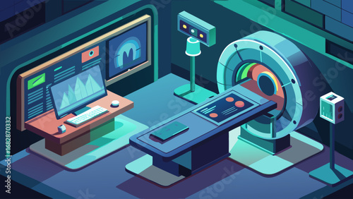 A computer monitor is on a desk next to a medical imaging machine. The computer monitor is displaying a graph of some sort