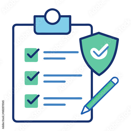 A clipboard with a green shield and a pencil on it. The clipboard has a green check mark on it