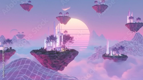 Surreal floating islands at sunset with futuristic architecture and vibrant colors
