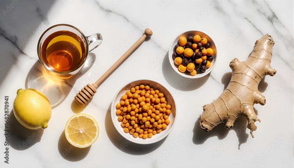Fototapeta premium Sea Buckthorn Honey Lemon Ginger Tea Ingredients
