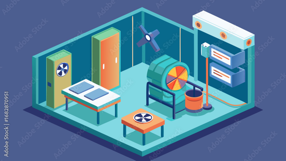 A small room with a white desk and a blue and white fan. The fan is on the wall A small room with a white desk and a blue and white fan. The fan is on the wall