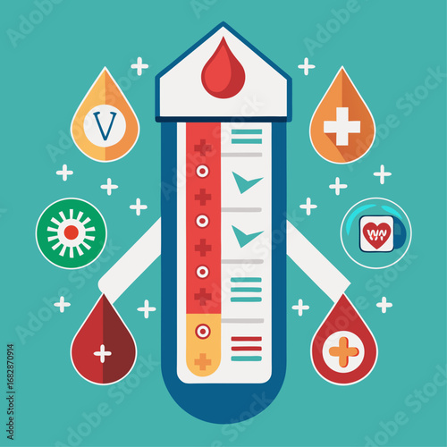 A thermometer with a red line on it and a red cross on the top. The thermometer has a green cross on the left side and a green cross on the right side. There are also other symbols on the thermometer