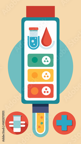 A thermometer with a red line on it and a red cross on the top. The thermometer has a green cross on the left side and a green cross on the right side. There are also other symbols on the thermometer