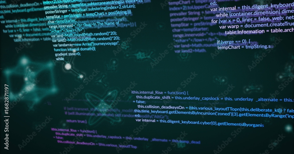 Obraz premium Floating programming code and network diagrams populating virtual data space, with functions loops