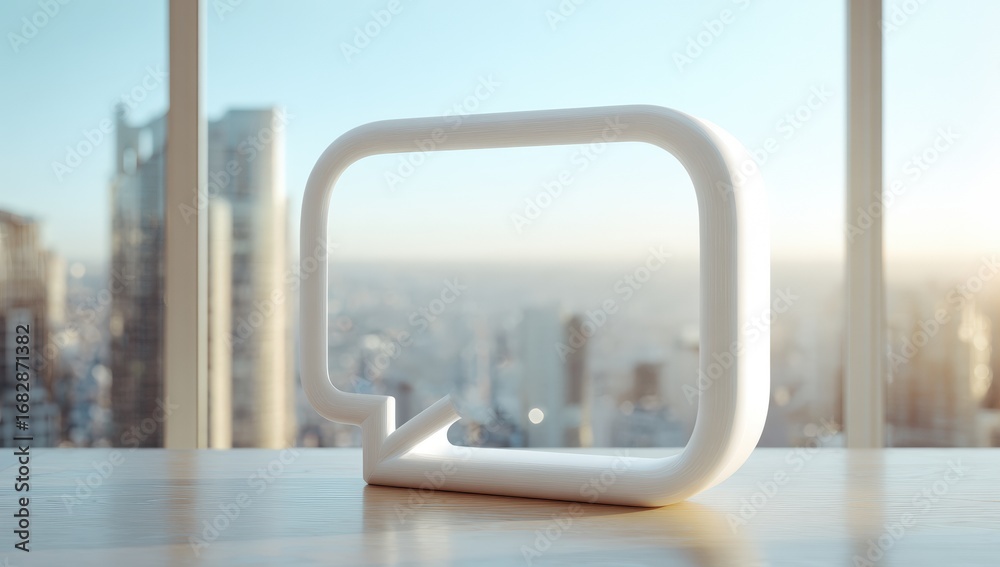Fototapeta premium White speech bubble on table, city view