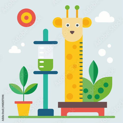 A giraffe is standing next to a plant and a measuring device. The giraffe is looking at the camera with a smile on its face. The scene is bright and cheerful, with the sun shining down on the giraffe
