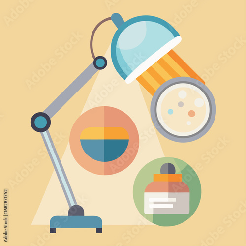 A lamp is turned on, illuminating a table with a bowl and a bottle of medicine. The lamp casts a warm glow over the scene, creating a cozy and inviting atmosphere