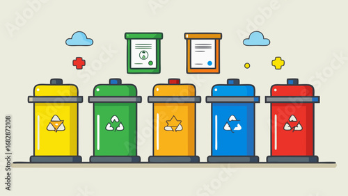 A row of five trash cans, each with a different color, are lined up on a shelf. The colors are green, yellow, red, blue, and orange. The trash cans are arranged in a neat and orderly fashion