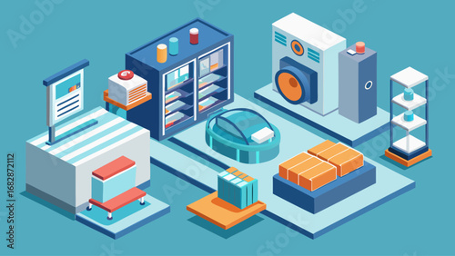 A blue and white lab table with a yellow container on it. The table is cluttered with various items, including a stack of books, a laptop, and a cell phone. Concept of busyness and productivity