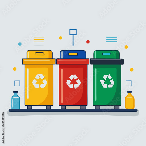 A row of five trash cans, each with a different color, are lined up on a shelf. The colors are green, yellow, red, blue, and orange. The trash cans are arranged in a neat and orderly fashion