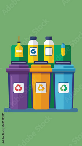 A row of five trash cans, each with a different color, are lined up on a shelf. The colors are green, yellow, red, blue, and orange. The trash cans are arranged in a neat and orderly fashion