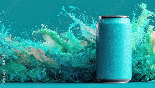 Teal can surrounded by vibrant splashes