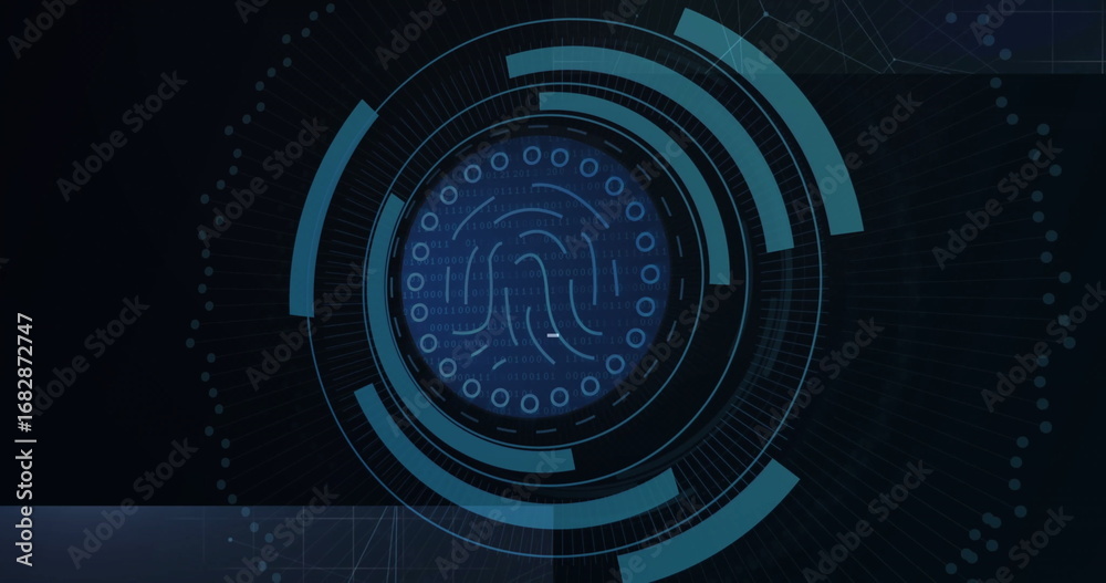 Fototapeta premium Digital fingerprint icon glowing in security screen, with HUD rings, binary code and grid lines