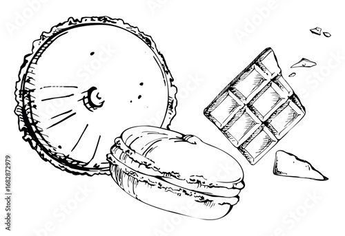 Crisp macarons from top and side angles, Oreo-style whoopie pies, shaved chocolate bar garnish. Hand drawn in vector ink. Sweet shop designs, digital food blog kits, packaging, tea house visuals.
