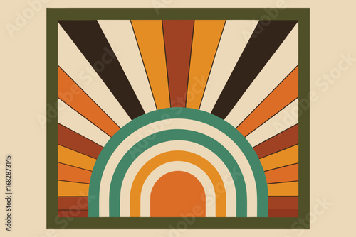 Retro Sunset Rainbow Art Illustration with Green Frame and Earthy Tones Colors