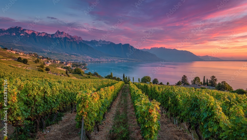 Naklejka premium Vineyard panorama at sunrise, Lake Geneva, Alps