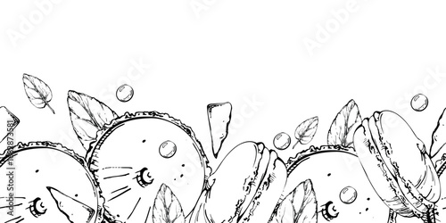 Cocoa dragees, chocolate bar pieces and macarons, whoopie pies, sprigs of mint in seamless hand drawn vector ink header. Isolated for endless dessert banners, kitchen fabric trims, culinary branding