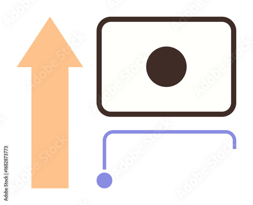 Upward arrow next to abstract screen and curved line. Ideal for business strategy, growth, navigation, connectivity, innovation, communication, performance. Simple flat metaphor