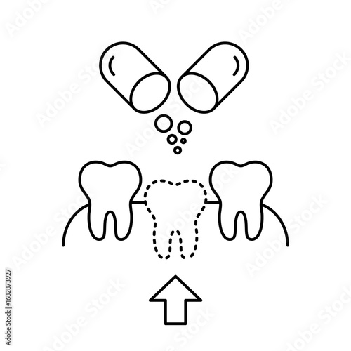 Tooth regrowth with new medicine line icon. Teeth regeneration using groundbreaking drug. Japanese scientific discovery enabling replacment of missing teeth. Dental health. Vector illustration.  