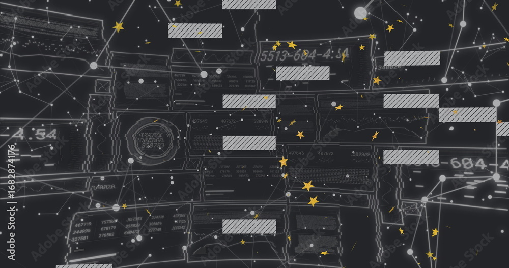 Fototapeta premium Displaying data network diagram showing nodes, striped code blocks, and star icons in virtual space