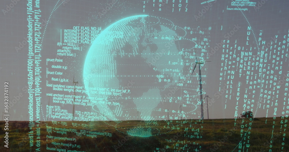 Fototapeta premium Floating holographic globe projecting grid overlays and code streams over grassy plain and hills