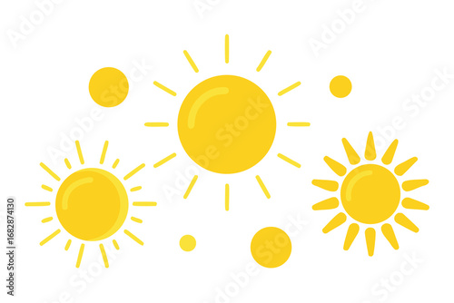 Three Yellow Sun Illustrations with Varying Radiating Rays on a White Background