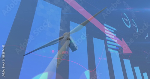 Featuring wind turbine dominating dashboard, with bar charts, pink line graph, red arrow and gauges