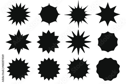 Various Black Burst Shape Silhouettes on White Background, Featuring Different Pointed and Rounded Edges