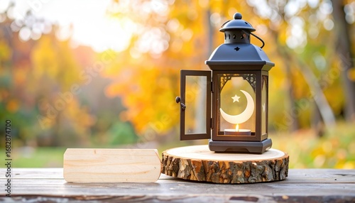 A lantern with a crescent moon and star on a wooden base rests on a table, bathed in warm autumn light, with golden foliage in the backdrop
