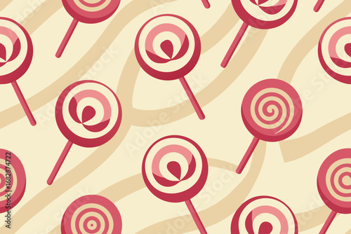 Whimsical Lollipop Pattern Red and Beige Flat Design Sweet Treats Background Illustration