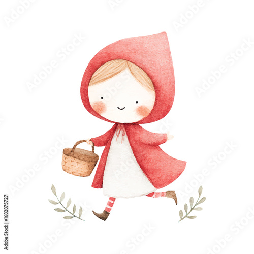 Watercolor Little Red Riding Hood Illustration Cute Girl Cartoon.