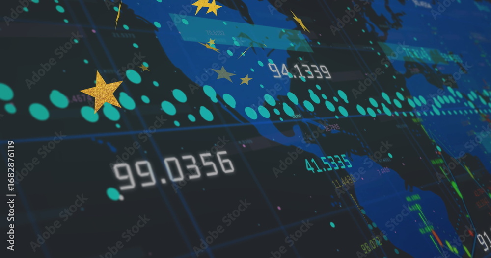 Naklejka premium Displaying map showing grid lines, turquoise markers and data labels on navy panel with gold stars