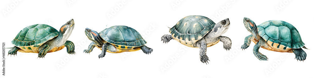 Fototapeta premium Colorful, detailed turtles showcasing diverse poses and expressions, set against a clean backdrop, perfect for nature-themed projects, educational materials, and wildlife illustrations.