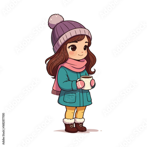 A cozy little girl in winter clothes enjoys a cup of tea