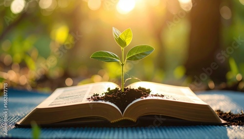 Sprout grows from the pages of an open book in a sunlit forest. A mat lies underneath, evoking a sense of learning and growth in nature