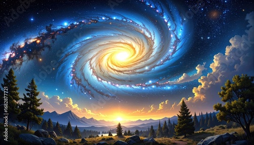A vibrant digital painting shows a spiral galaxy above a mountainous landscape dotted with trees under a colorful sunset-lit sky