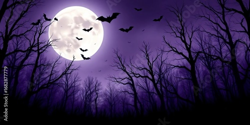 Purple and black haunted forest, full moon, bats Halloween backdrop,  bats,   dark fantasy