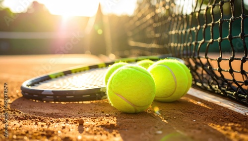 Sunlit tennis scene bright yellow balls and racquet rest on a clay court near the net, illuminated by golden sunlight