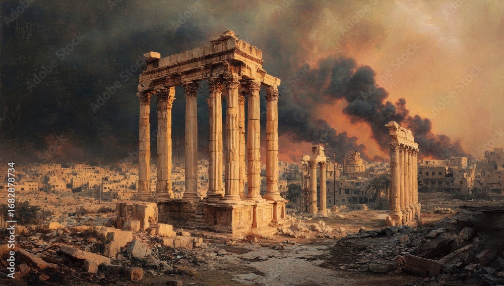 Fototapeta premium Ancient ruins amidst war's devastation. Columns and temples stand amidst rubble and smoke-filled sky. Fiery sunset casts an ominous light