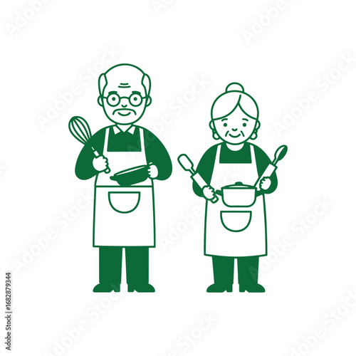 Elderly couple in aprons holding cooking utensils ready to bake.